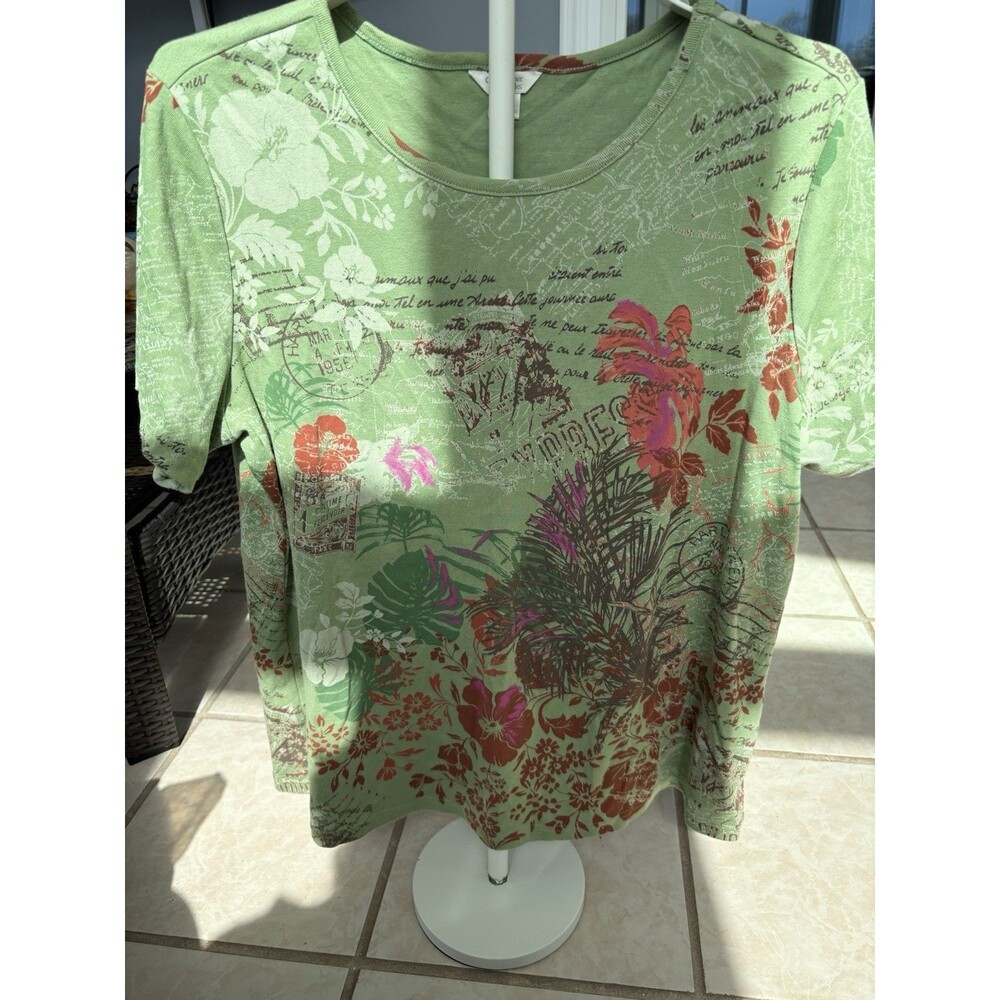 Christopher& Banks All Over Print Shirt Sz XL Floral Script Short Sleeve Vintage